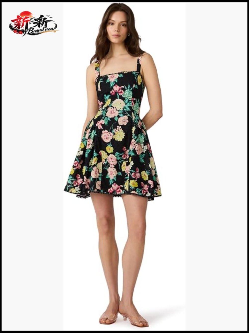 Cotton Eyelet Mini Dress with Hip Godets, Square Neck, Sleeveless, Zipper